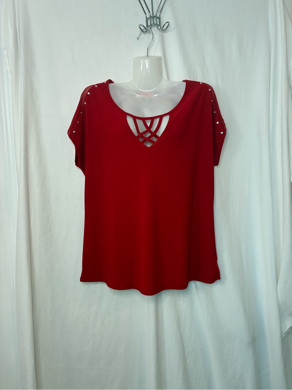 Scarlett Red Short-Sleeve Top with Crisscross Neckline and Stud Accents